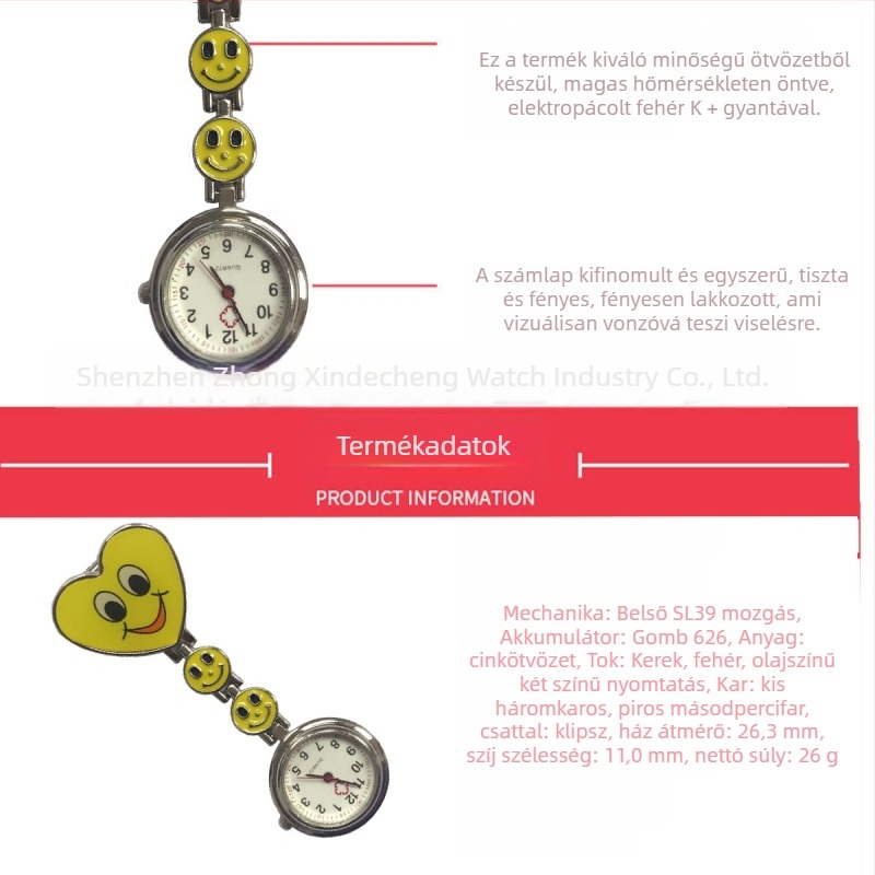 Ápolónői zsebóra, uniszex, szív mosoly dizájn, kvarc mechanizmus SL39, világidő, nyomtatott logó, testreszabás elérhető