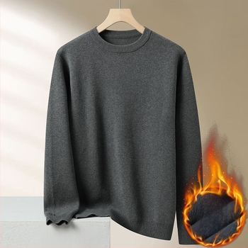 Férfiaknak lazán szabott kötött pulóver fleece belsővel, kerek nyakú, hosszú ujjú, pamutkeverék 95% pamut, téli viselet