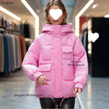 Női kapucnis pamuttöltésű kabát, vastag téli fazon, zsebekkel, cipzárral