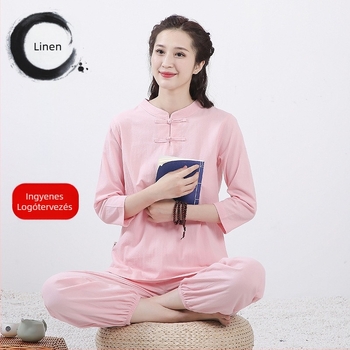 Uniszex pamut-len Zen jóga öltözet meditációhoz, fő anyag 95% pamut, egyszínű minta, elülső zárás egy gombbal