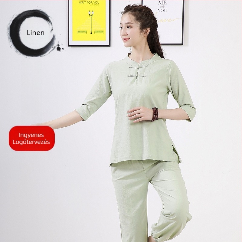 Uniszex pamut-len Zen jóga öltözet meditációhoz, fő anyag 95% pamut, egyszínű minta, elülső zárás egy gombbal