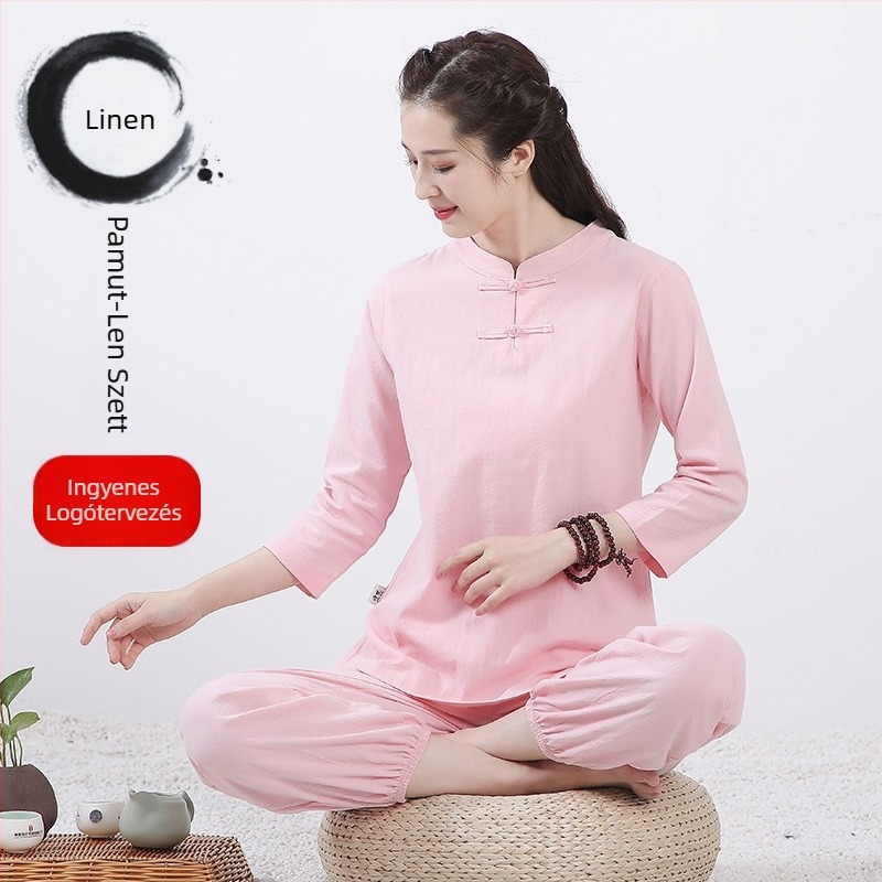 Uniszex pamut-len Zen jóga öltözet meditációhoz, fő anyag 95% pamut, egyszínű minta, elülső zárás egy gombbal