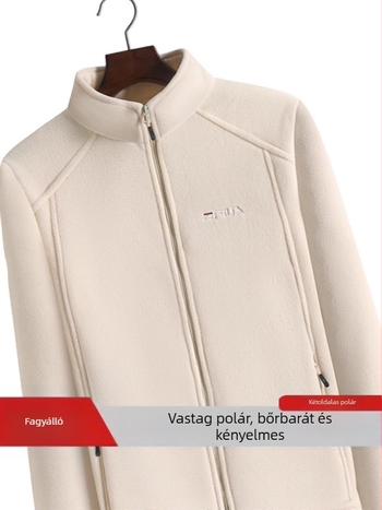 Női vastag fleece kardigán álló gallérral, őszi-téli kültéri viseletre, sportos–Casual stílusban