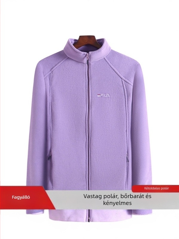 Női vastag fleece kardigán álló gallérral, őszi-téli kültéri viseletre, sportos–Casual stílusban