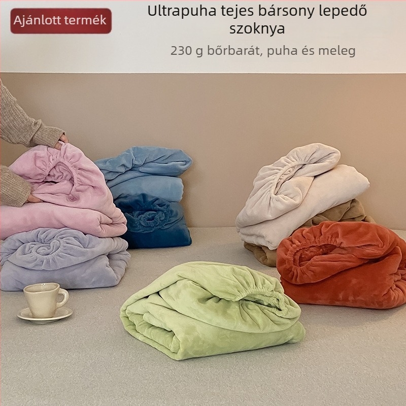 Elasztikus lepedő tej velúrból, japán stílusú, mintázat nélkül, téli-őszi meleg, 230 g vastag, 1,8 m ágyhoz