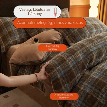 Tej-velúr téli négy darabos ágyneműkészlet, kétoldalas dunyhahuzat, geometrikus négyszög mintázat, súly 3500–4000 g