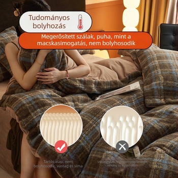 Tej-velúr téli négy darabos ágyneműkészlet, kétoldalas dunyhahuzat, geometrikus négyszög mintázat, súly 3500–4000 g