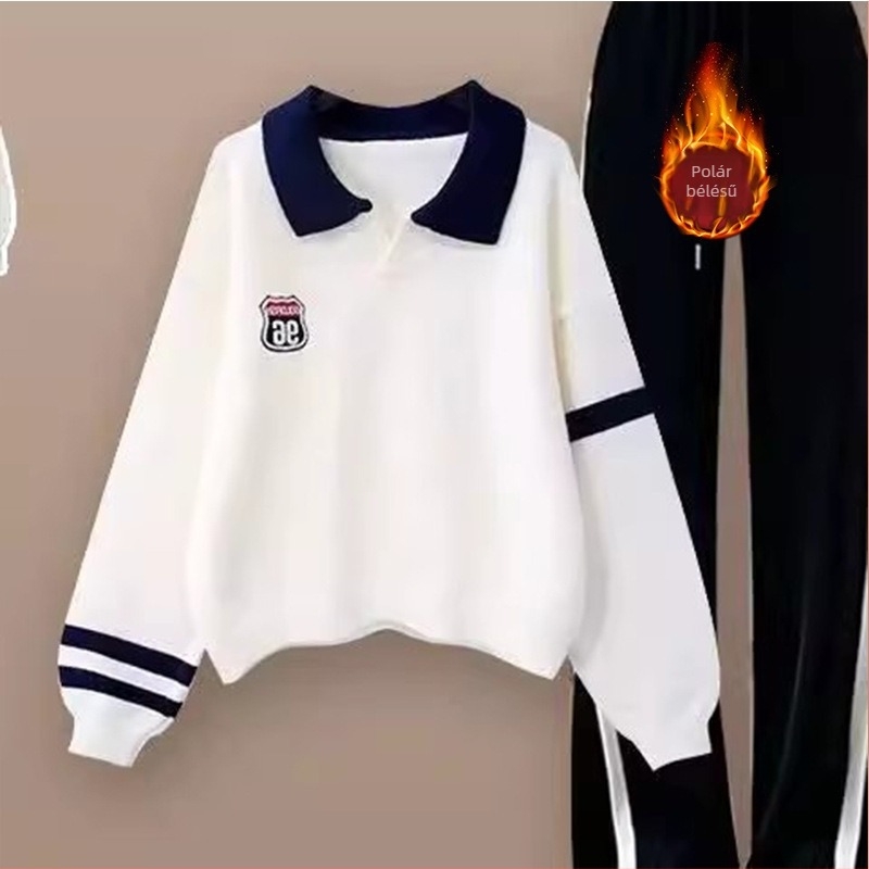 Geometriai mintás téli fleece-béléssel készült két darabos pulóver szett lányoknak, egyetemi stílus