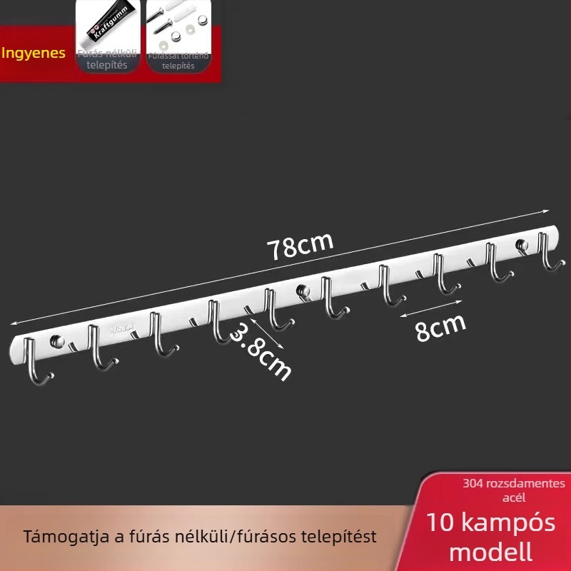 Rozsdamentes acél ragasztós fali akasztó – konyha és fürdőszoba, falra szerelhető, fúrás nélkül, 3+ akasztó, teherbírás 30 kg felett, új kínai stílus
