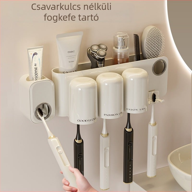 Falra szerelhető fogkefetartó, lyukasztás nélkül, műanyagból, fogkrémnyomó nyílással