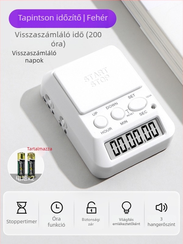 Tanuláshoz és önfegyelemhez tervezett analóg időzítő ébresztőóra (mechanikus mozgás; analóg mutatós kijelző; kerek forma; elemről működik)
