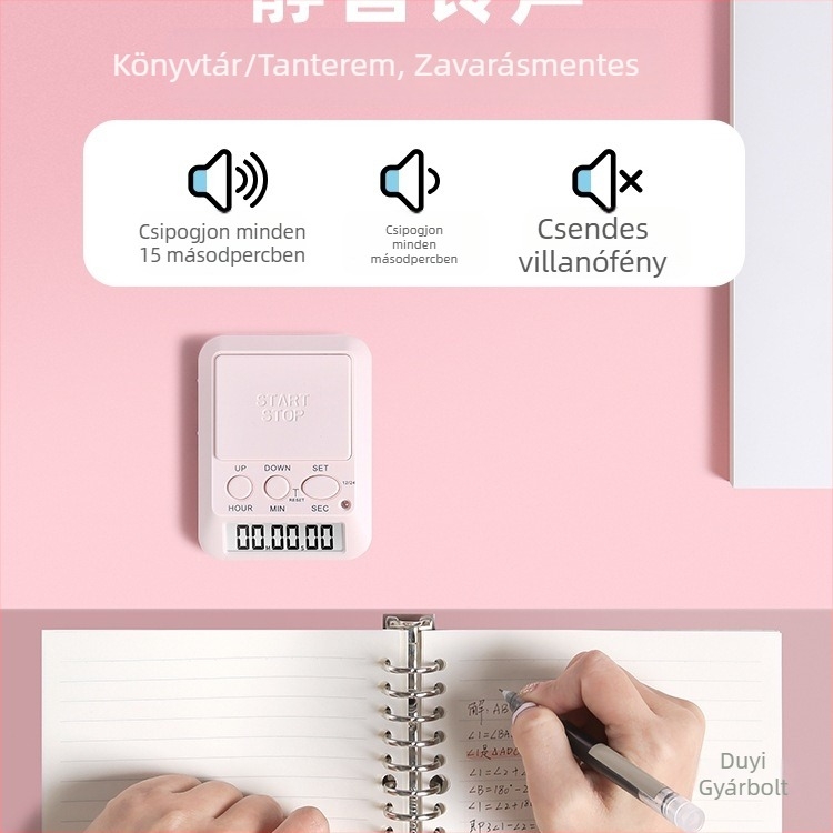 Tanuláshoz és önfegyelemhez tervezett analóg időzítő ébresztőóra (mechanikus mozgás; analóg mutatós kijelző; kerek forma; elemről működik)