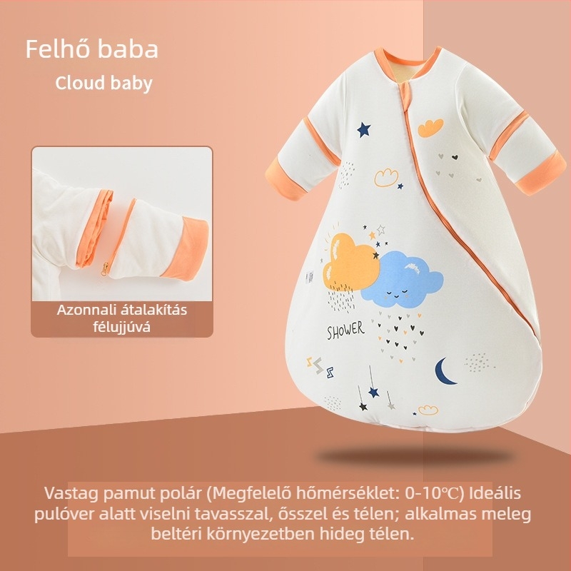Vastag, tiszta pamutból készült babaszoba alvózsák, egy darabból varrt, levehető ujjaival, téli használatra, 0–3 év, hossz 80 cm