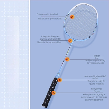 Két ütőből álló badminton szett – könnyű, üveg-alumínium keret, nylon húrok, 90–94 g súly, kezdőknek és amatőröknek