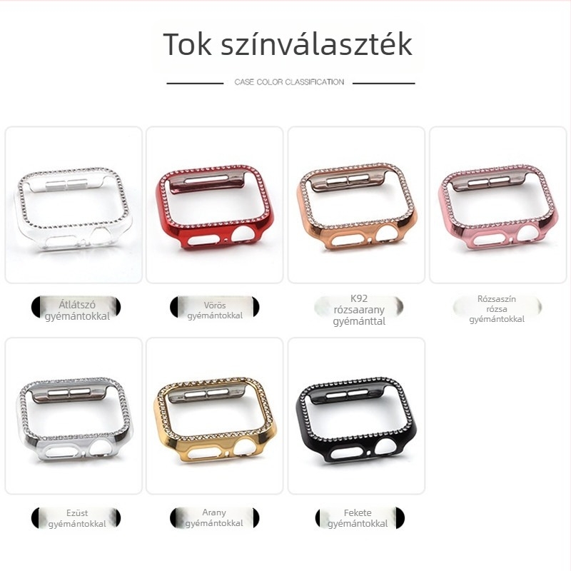 Apple Watch S10 sorozat teljes körű védőtok tempered kijelzővédő fóliával, gyémánt-inlay, PC anyag, 360° védelem