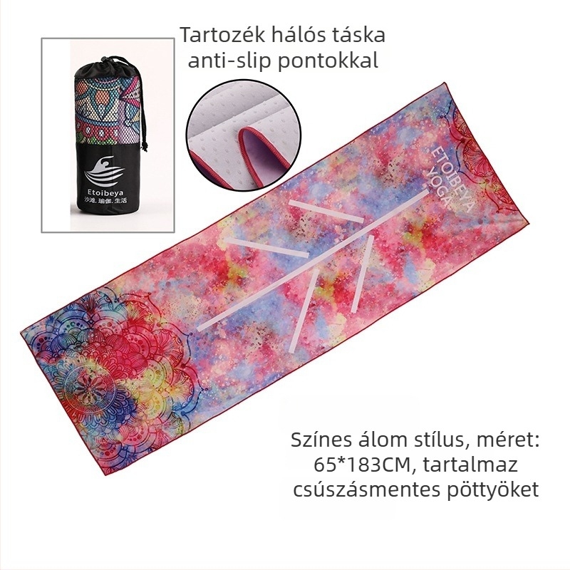 Csúszásmentes jóga törölköző pontokkal, 88% poliészter / 12% nylon, szövettömeg 200 g/m², összsúly 280 g, alkalmas jóga, szabadtéri sportokra és strandra