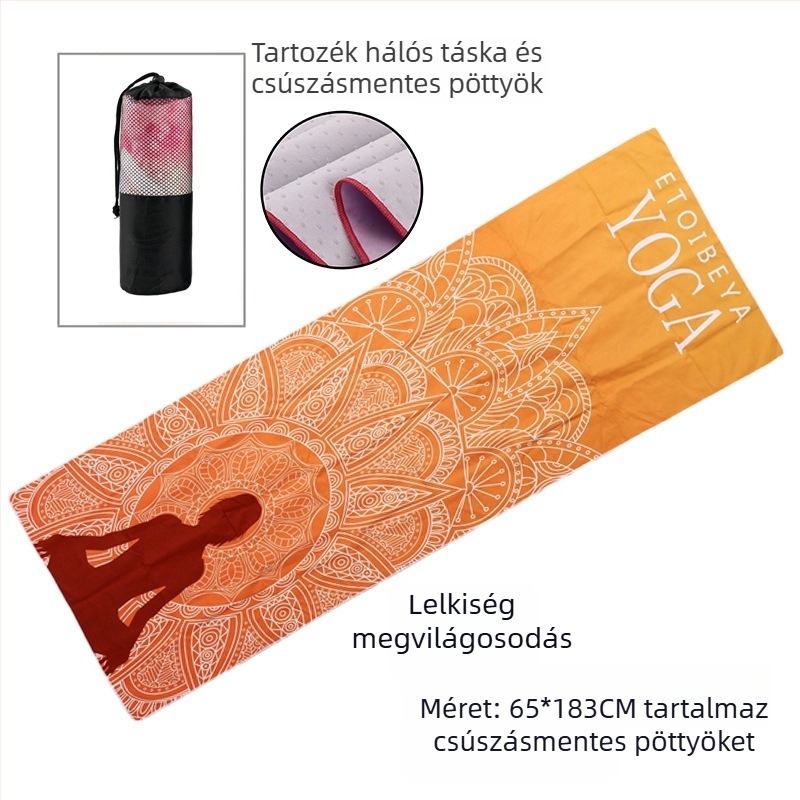 Csúszásmentes jóga törölköző pontokkal, 88% poliészter / 12% nylon, szövettömeg 200 g/m², összsúly 280 g, alkalmas jóga, szabadtéri sportokra és strandra