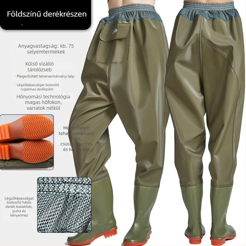 Deréktól érő PVC horgász nadrág 1 zsebbel és beépített esőcsizmával, kopásálló kötött anyag, 0,55–0,85 mm vastagság