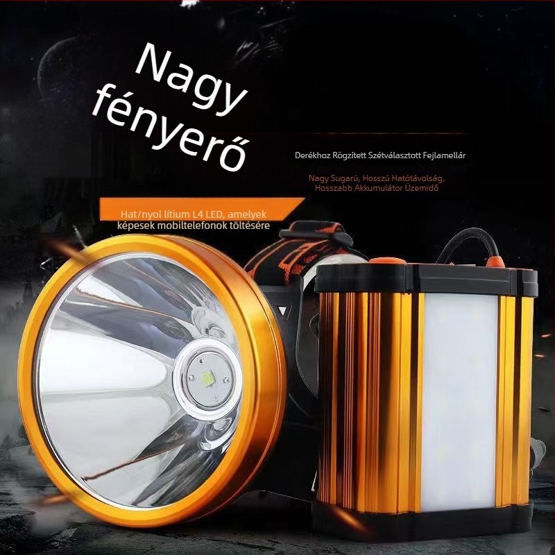 Fejlámpa éjszakai horgászathoz, újratölthető LED P90, 12V egyenáram, 50W, 1200mAh, hatótáv >500 m, vízálló