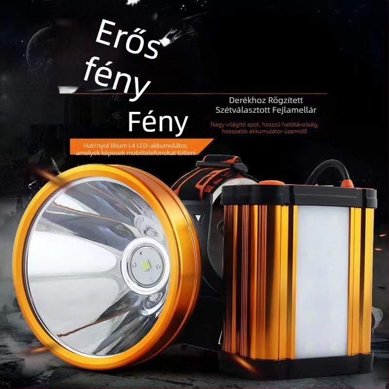 Fejlámpa éjszakai horgászathoz, újratölthető LED P90, 12V egyenáram, 50W, 1200mAh, hatótáv >500 m, vízálló