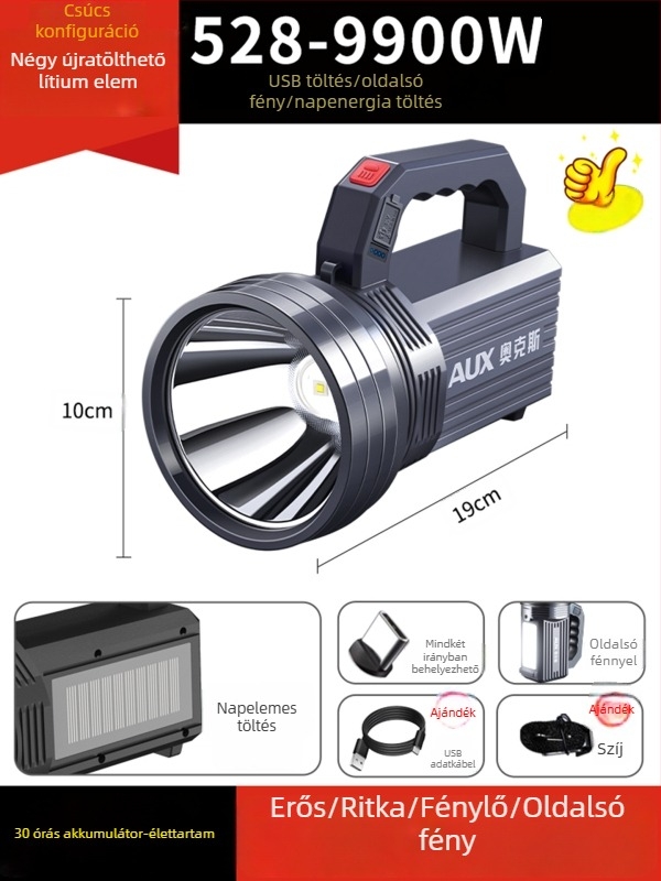 Újratöltő LED zseblámpa | Ultra fényes kültéri hosszú hatótávolsággal | 5500–9900W, LED, ABS, 500 m+ hatótávolság