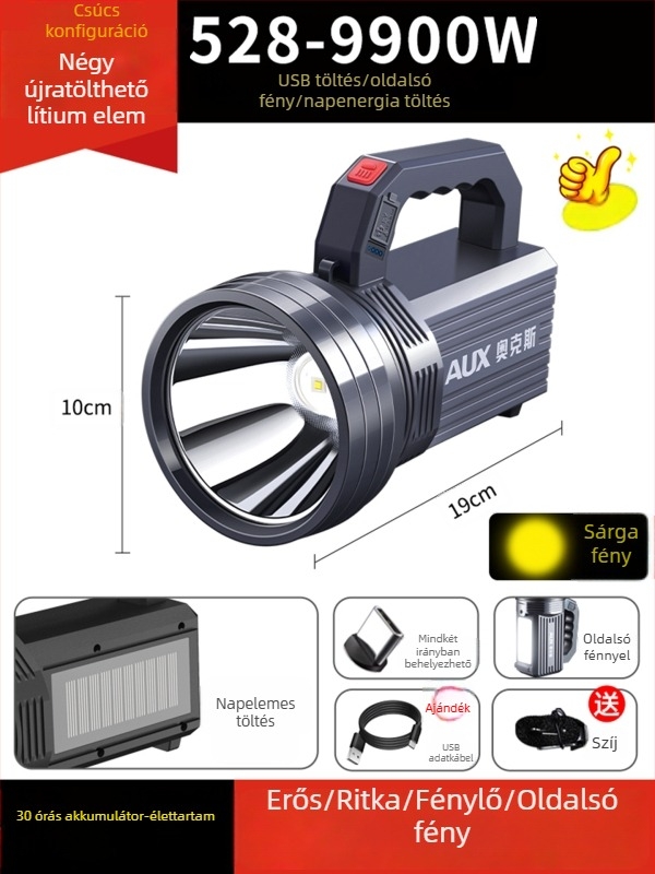 Újratöltő LED zseblámpa | Ultra fényes kültéri hosszú hatótávolsággal | 5500–9900W, LED, ABS, 500 m+ hatótávolság