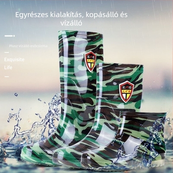 Kamufláž esőcsizma, PVC felsőrész, műanyag talp, belső műszőrmés bélés, középmagasságú