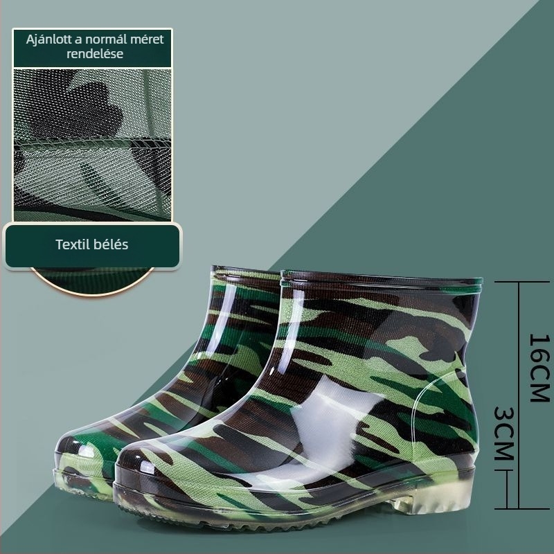 Kamufláž esőcsizma, PVC felsőrész, műanyag talp, belső műszőrmés bélés, középmagasságú