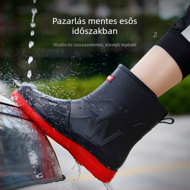 Férfiak számára középmagas esőcsizma, vízálló, csúszásmentes talp, műanyag felsőrész és talp, alacsony sarok