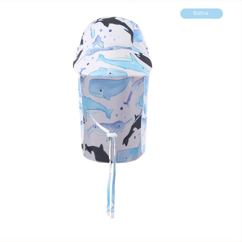 Gyerekeknek készült napvédő kalap széles karimával — poliészter, kartunás mintázat, UV védelem, szélálló, homokálló