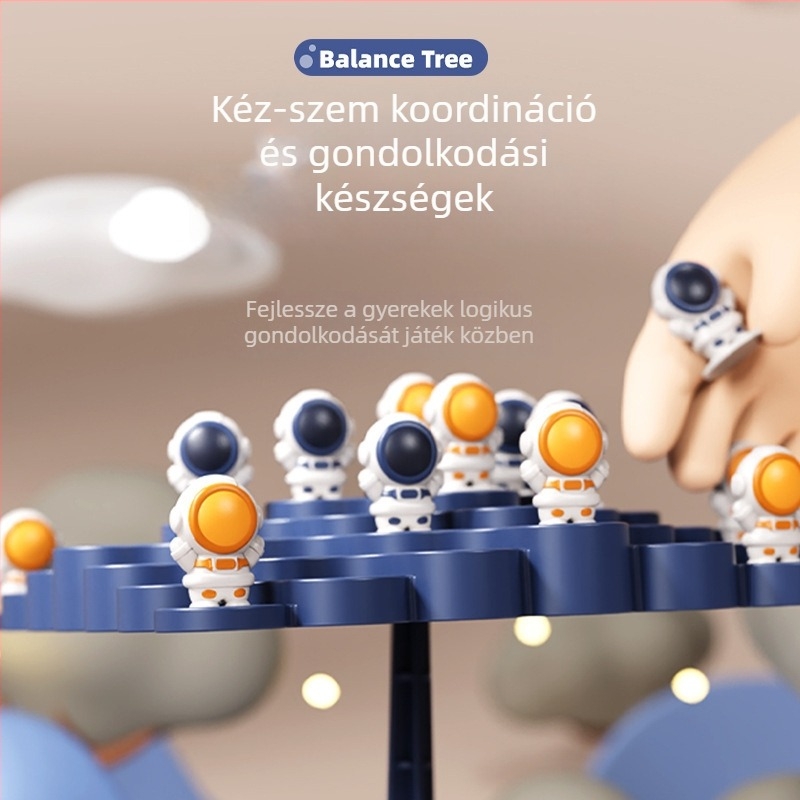 Űrhajós témájú asztali egyensúlyozó építőjáték — műanyag, 4–14 éveseknek; elősegíti a kognitív fejlődést, a kéz-szem koordinációt és a szülő-gyermek interakciót.