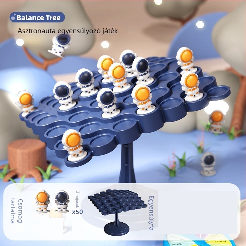 Űrhajós témájú asztali egyensúlyozó építőjáték — műanyag, 4–14 éveseknek; elősegíti a kognitív fejlődést, a kéz-szem koordinációt és a szülő-gyermek interakciót.