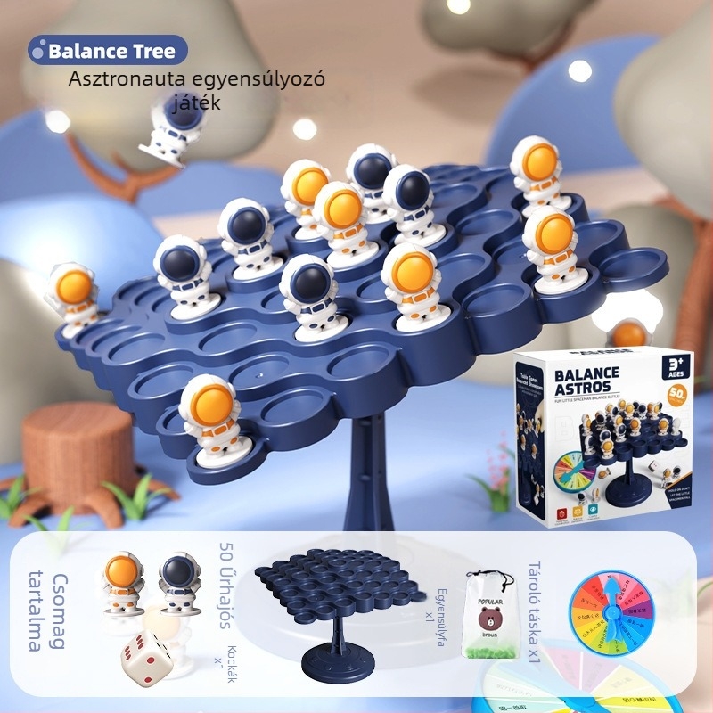 Űrhajós témájú asztali egyensúlyozó építőjáték — műanyag, 4–14 éveseknek; elősegíti a kognitív fejlődést, a kéz-szem koordinációt és a szülő-gyermek interakciót.