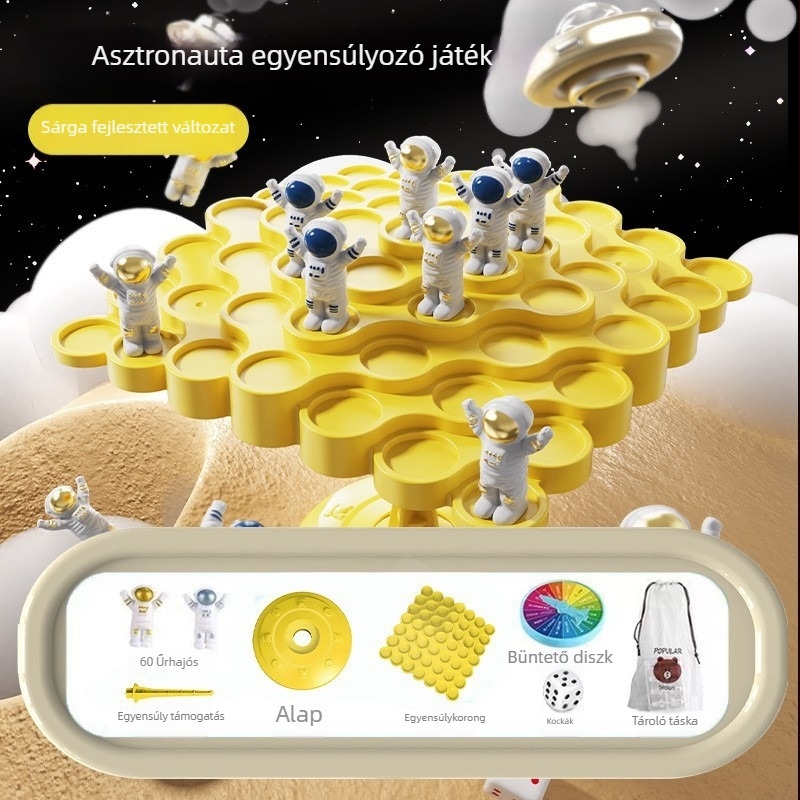 Űrhajós témájú asztali egyensúlyozó építőjáték — műanyag, 4–14 éveseknek; elősegíti a kognitív fejlődést, a kéz-szem koordinációt és a szülő-gyermek interakciót.