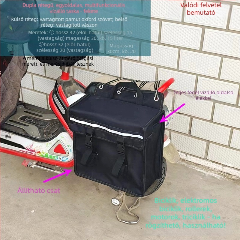 Fekete vászonból készült, multifunkciós oldaltáska motorkerékpárokhoz és elektromos kerékpárokhoz, pannier-stílusú oldaltáska szerszámrekesszel a hátsó ülésnél