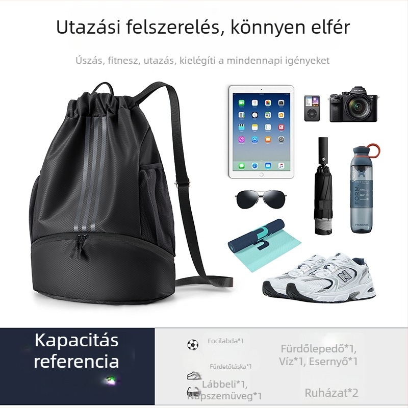 Húzózsinóros kosárlabda táska – Uniszex, nylonból, 20–35 L, nedves/száraz elválasztás, 13 hüvelykes laptop belefér