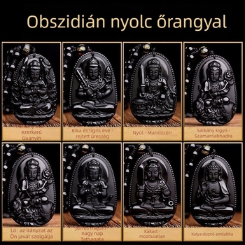 Obszidián kristályos nyaklánc 12 állatövi Buddha medállal