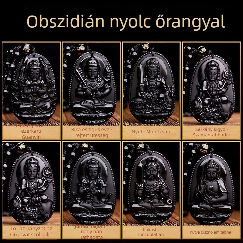 Obszidián kristályos nyaklánc 12 állatövi Buddha medállal