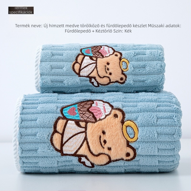Korallfleece maci törölköző készlet, aranyos hímzett rajzfilm motívummal, két darabos: arc-törölköző 35×75 cm és fürdőtörölköző 70×140 cm, puha és plüss