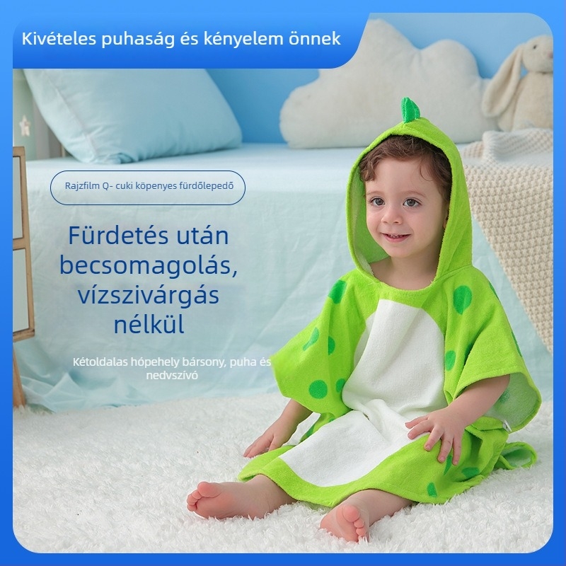 Gyerekeknek készült kapucnis pamut fürdőlepedő-köpeny, 100% pamut, 300–400 g, testreszabható, velúr felület