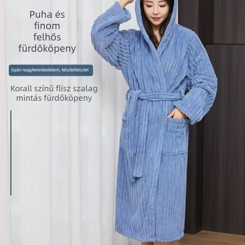 Fürdőköntös korall plüss anyagból, nedvszívó, vastított, kapucnis (Ősz)