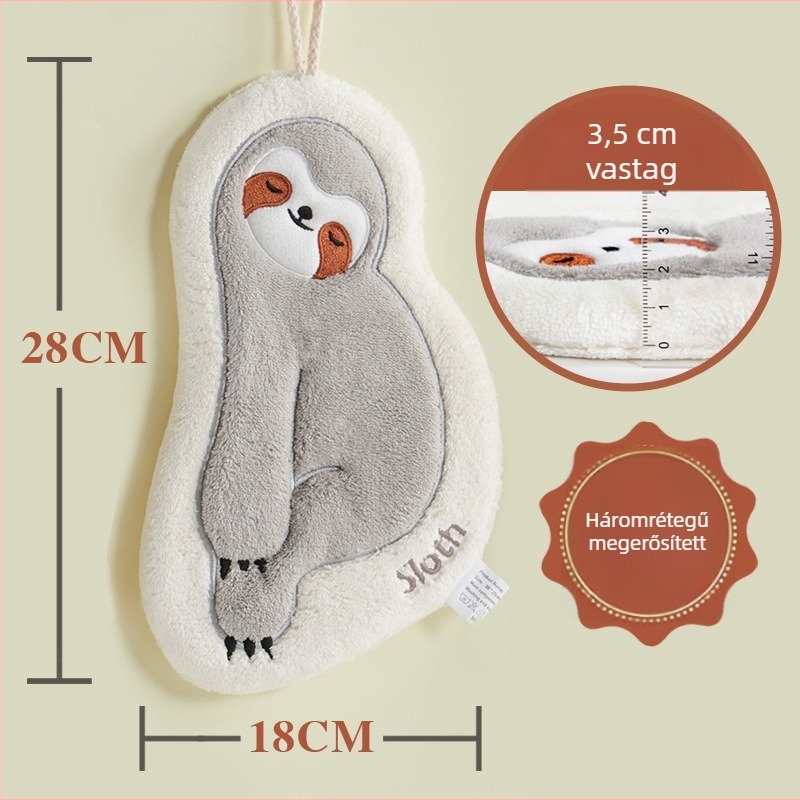 Gyerekeknek szóló korall velúr kéztörlő hímzéssel, akasztatható, szagtalan, nedvszívó; Anyag: korall velúr; Tömeg: 30–50 g; Szálak: 32 szál; Gyártási folyamat: hímzés, varrás; Testreszabható