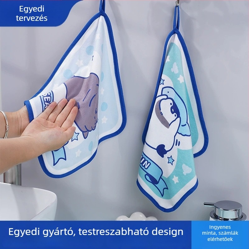 Gyerekeknek szóló korall velúr kéztörlő hímzéssel, akasztatható, szagtalan, nedvszívó; Anyag: korall velúr; Tömeg: 30–50 g; Szálak: 32 szál; Gyártási folyamat: hímzés, varrás; Testreszabható