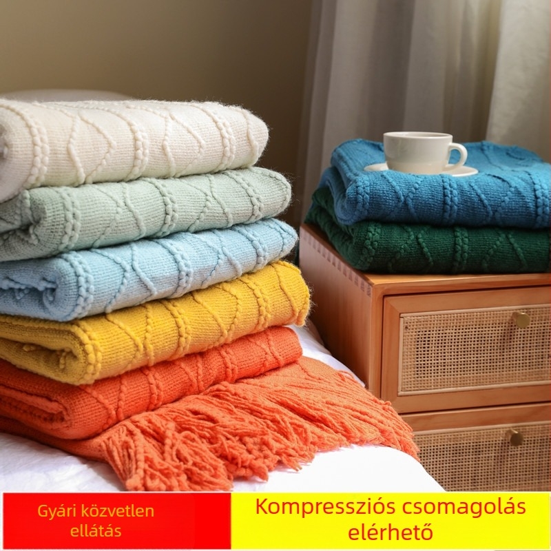 Kötött pléd kanapéra, nordikus stílus, könnyű akril pléd geometriai mintázattal, irodai/nyári használatra, ágynál, pihenéshez és az autóban