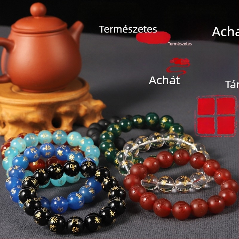 Agaat karkötő gravírozott Buddha felirattal, Namo Amitabha, uniszex, etnikus stílus