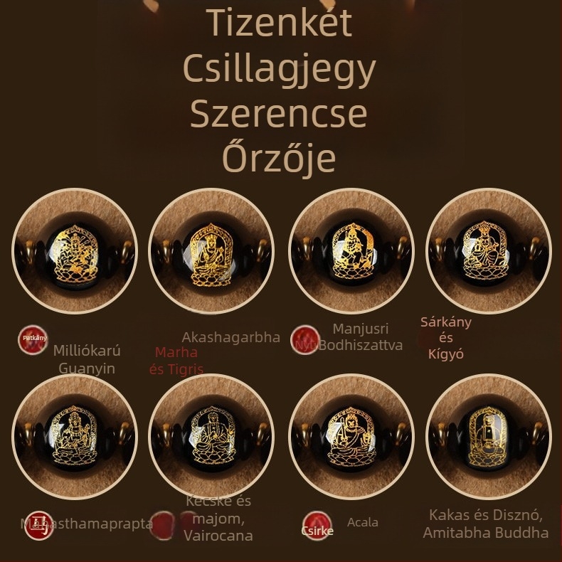 Obszidián karkötő, polírozott felület, páros stílus, motívumok állat- és horoszkóp, uniszex