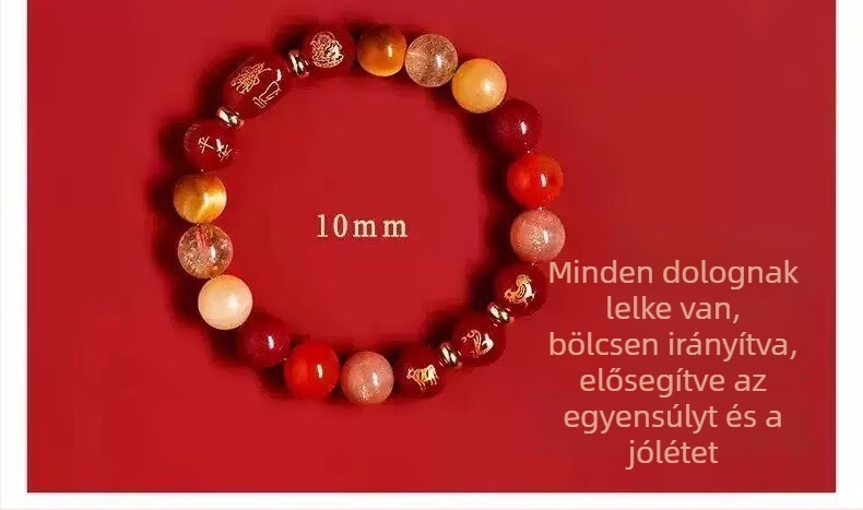 Piros achát zodiákus karkötő a Ló évére, háromharmónia kristály cinnabar gyöngyökkel Patkány, Bika és Nyúl részére