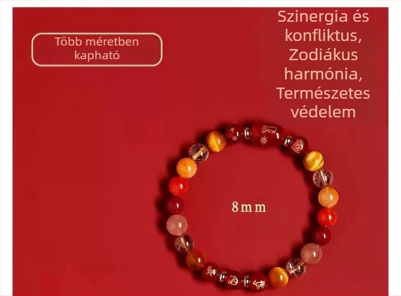 Piros achát zodiákus karkötő a Ló évére, háromharmónia kristály cinnabar gyöngyökkel Patkány, Bika és Nyúl részére