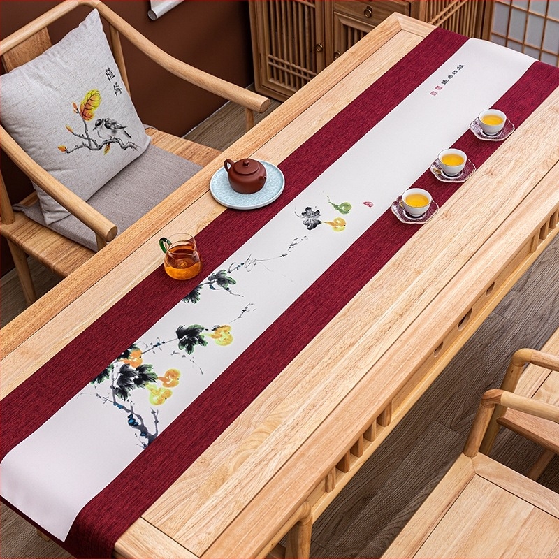 Zen ihletésű, vízálló kézzel festett tea matrac pamut-len anyagból, kínai stílusú asztalterítő és teás készlet kiegészítők, törölköző a teához.