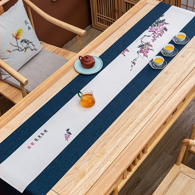 Zen ihletésű, vízálló kézzel festett tea matrac pamut-len anyagból, kínai stílusú asztalterítő és teás készlet kiegészítők, törölköző a teához.